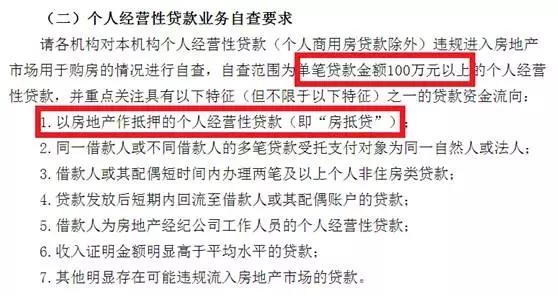 个人经营性贷款业务自查要求查出：本机构个人经营性贷款（个人商用房贷款除外）违规进入房地产市场用于购房的情况，自查范围为单笔贷款金额100万元以上的个人经营性贷款。重点关注内容的第一条也是以房地产作抵押的个人消费贷款。