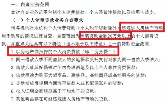 个人消费贷款业务自查要求查出：本机构个人消费贷款（个人购车贷款除外）违规进入房地产市场用于购房的情况，自查范围是为单笔贷款金额20万元以上的个人消费贷款。重点关注内容的第一条是：以房地产作抵押的个人消费贷款（即“房抵贷”）。